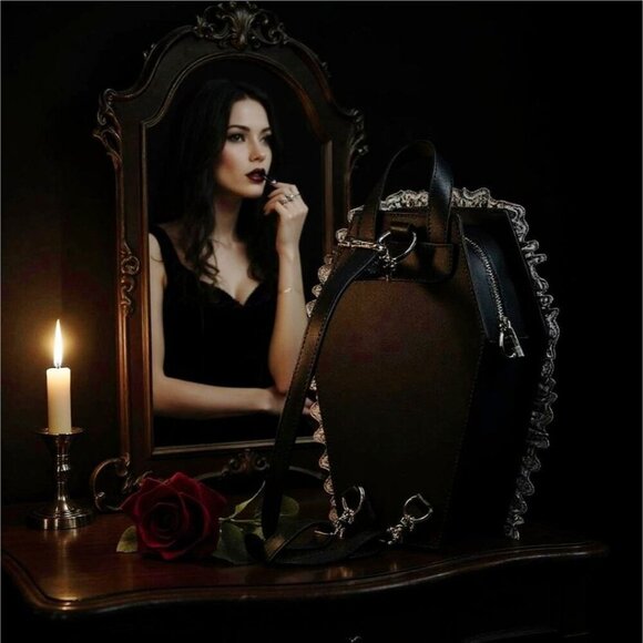 Widow ✦ Vegan Leather Coffin Backpack ✦ Gothic Brocade Lace Trim OS NWT - Picture 6 of 12